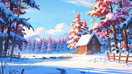 Naklejka premium Idyllic Snowy Countryside with Flora