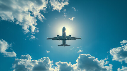 Commercial airline with blue sky and sun on the background