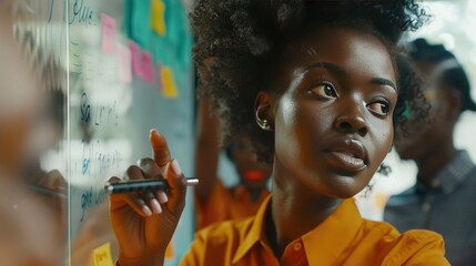 Black Young Woman Explaining Sales Growth Plan to a Diverse Team of Multiethnic People Using a Glass Board and a Marker.