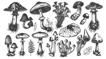Set hallucinogenic mushrooms. Collection isolated on white background