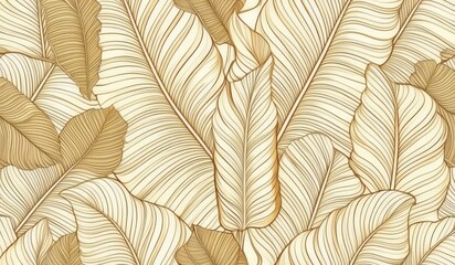 Golden Banana Leaf Line Art Luxury Tropical Wallpaper Design