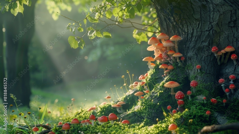 Poster close-up of mushrooms flourishing on the base of a tree, creating a magical woodland scene