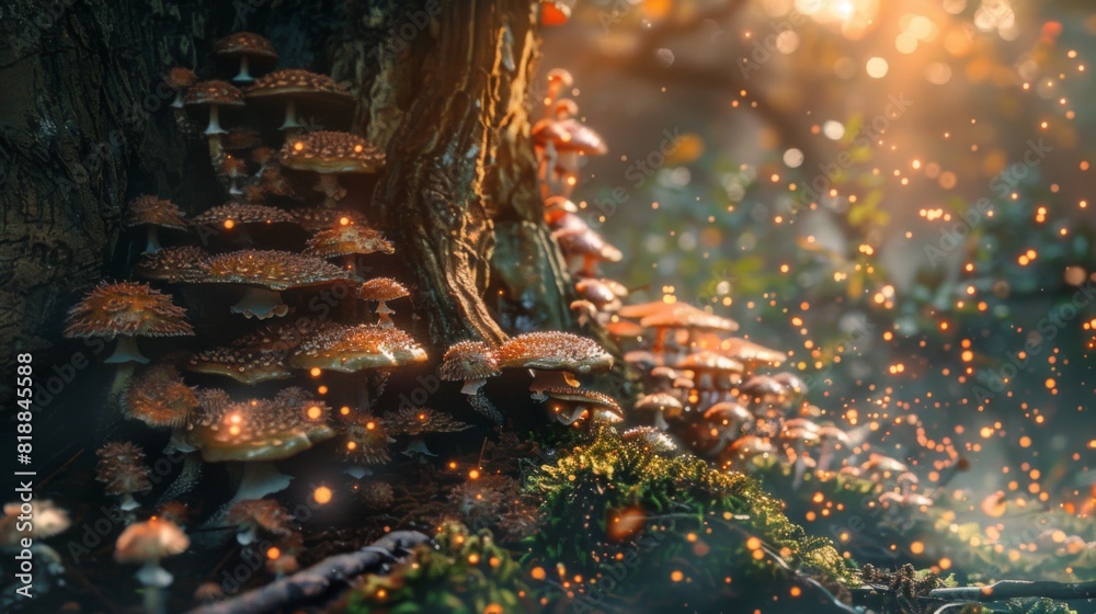 Poster close-up of mushrooms flourishing on the base of a tree, creating a magical woodland scene