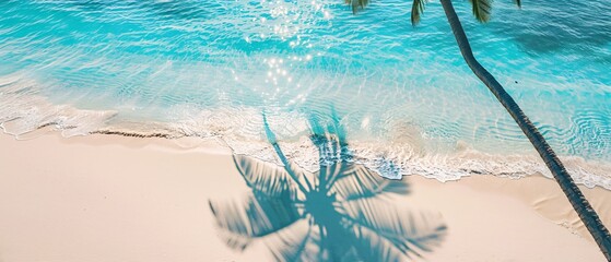 Obraz premium 3d rendering of long palm tree shadows stretching across a white sandy beach, with the turquoise sea waves gently lapping the shore, tropical beach concept.