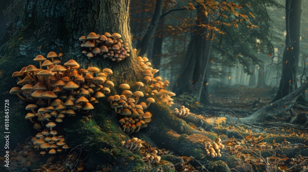 Poster close-up of mushrooms flourishing on the base of a tree, creating a magical woodland scene