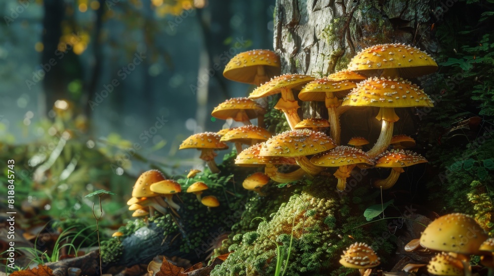 Poster close-up of mushrooms flourishing on the base of a tree, creating a magical woodland scene