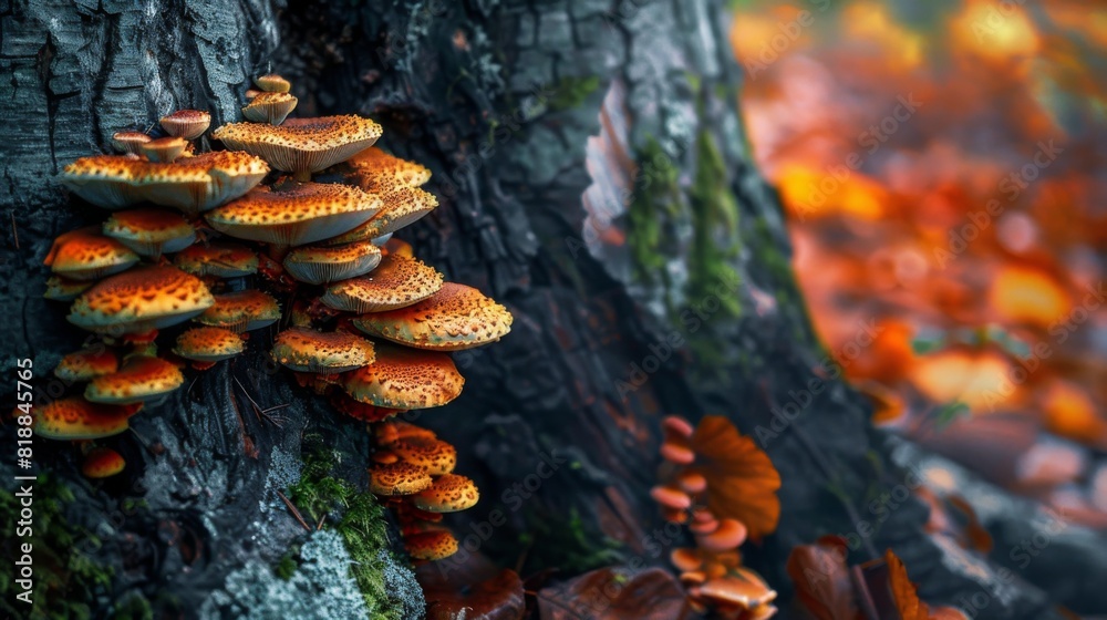 Poster close-up of mushrooms growing on the base of a tree, adding a touch of beauty to the forest