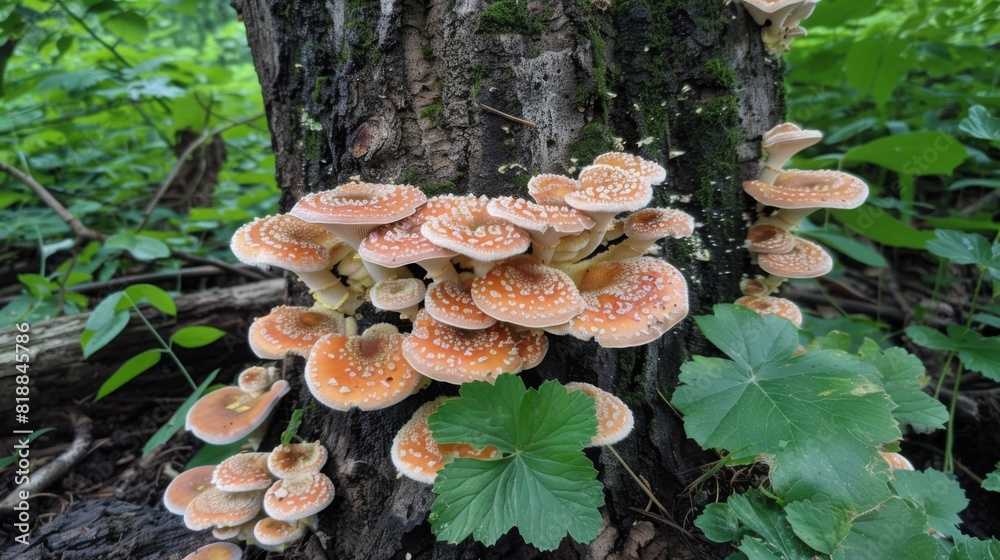 Poster close-up of mushrooms growing on the base of a tree, adding a touch of beauty to the forest