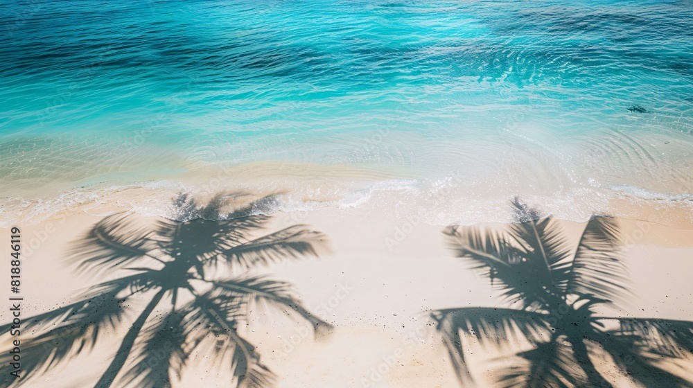 Wall mural 3d rendering of long palm tree shadows stretching across a white sandy beach, with the turquoise sea