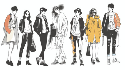 Set of hand drawn stylish young people at street.