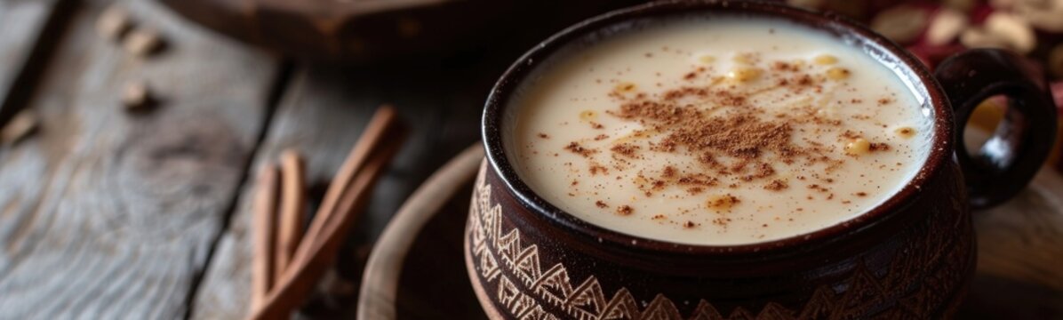 Cup of milk with cinnamon sprinkles on it