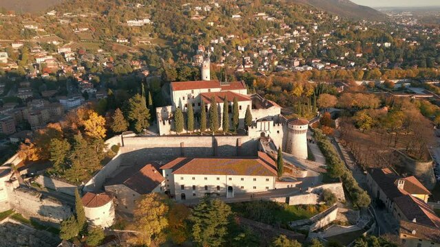 Aerial footage of Brescia Castle (Castello di Brescia) on a sunny day in Brescia, Lombardy, Italy