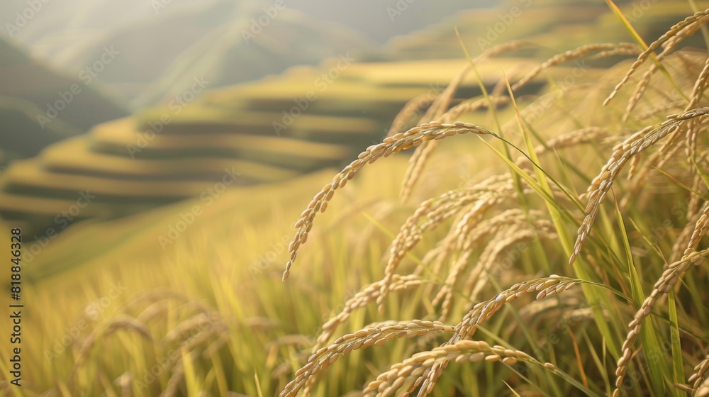 Poster close-up of ripe rice ears swaying gently in the breeze against a backdrop of rolling hills