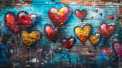 Heart-Shaped Balloons Graffiti on Urban Brick Wall