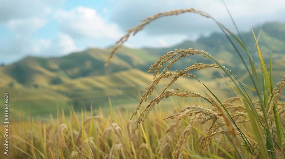 Poster close-up of ripe rice ears swaying gently in the breeze against a backdrop of rolling hills