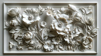 White Bas-relief of Flowers on Framed Panel,
Ancient floral bas-relief with floral ornament
