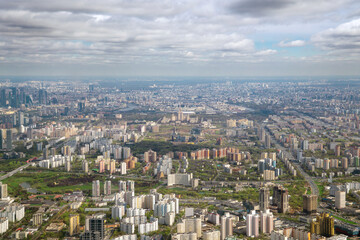 View of Moscow from an airplane window. You can see Moscow State University, Vernadsky Avenue, Luzhniki Stadium etc.