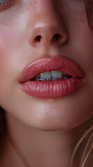 beautiful plump lips, close-up photo, realistic photo, soft pink shade, natural lip color 