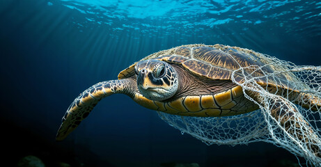 Green sea turtle tangled in fishing net. Concept of environmental pollution.