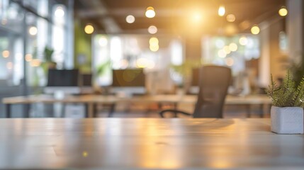 Blurred workplace, office in the morning, interior for business presentation background