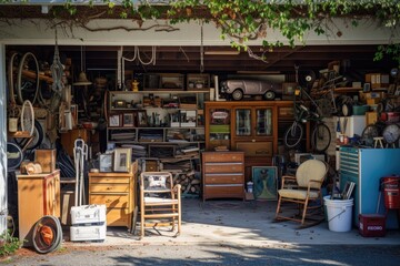Room with a lot of stuff in it. Garage sale background 