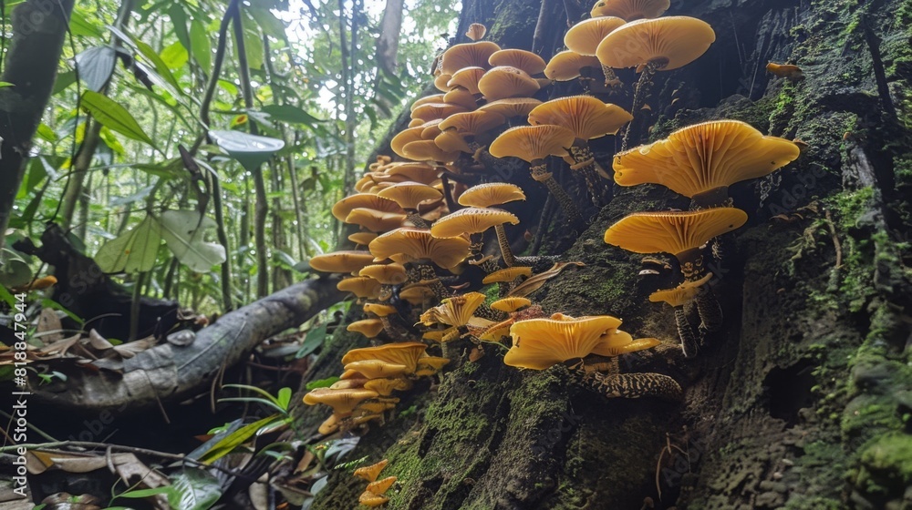 Poster close-up of wild mushrooms growing on the base of a tree trunk in a lush forest