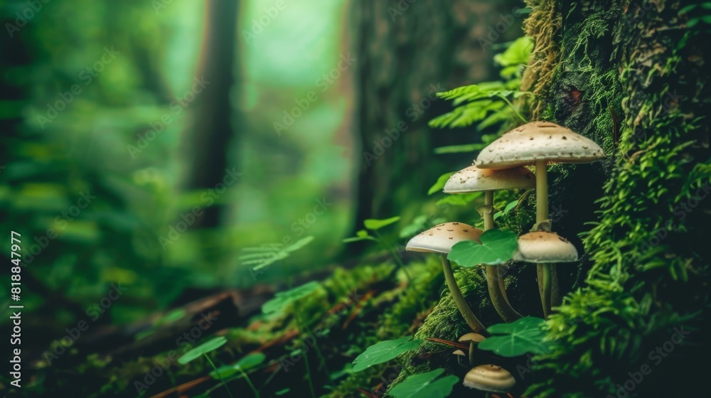 Poster close-up of wild mushrooms growing on the base of a tree trunk in a lush forest