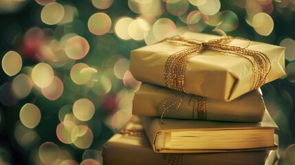  Books for gifts on bokeh background.