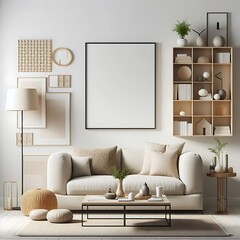 A living Room with a mockup poster empty white and with a couch and a coffee table art card design lively art meaning.