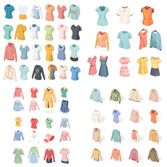 Fashion clothing illustration featuring stylish tops, shirts, sweaters, and blouses in various colors. Perfect for wardrobe, fashion design, and trendy outfit inspiration