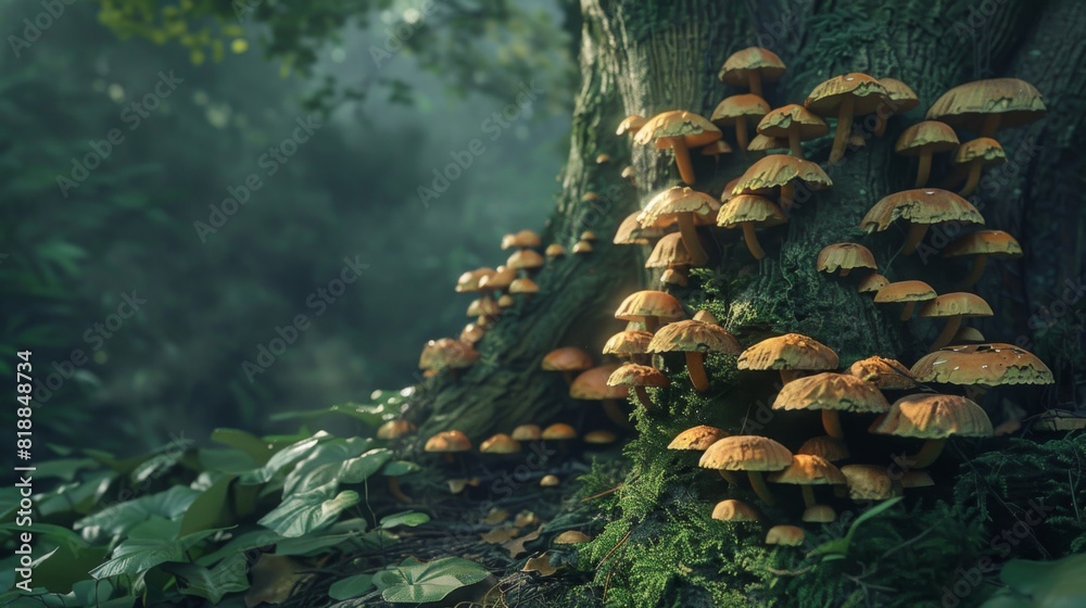 Poster close-up of wild mushrooms growing on the base of a tree trunk in a lush forest