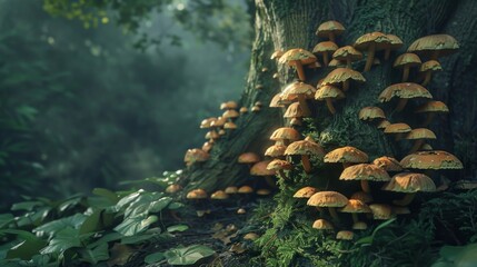 Close-up of wild mushrooms growing on the base of a tree trunk in a lush forest