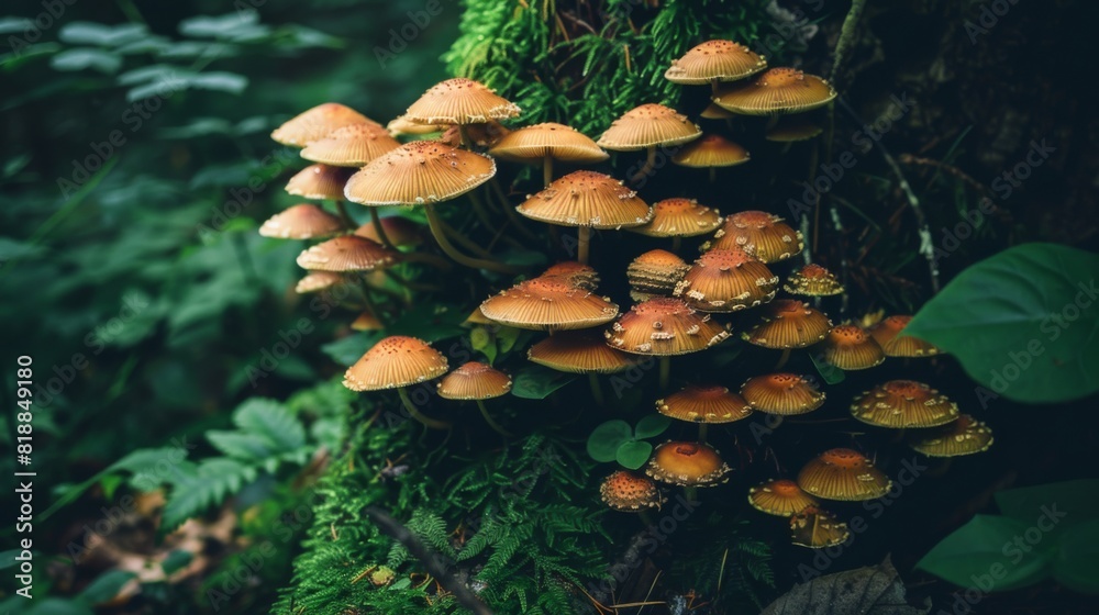 Poster cluster of wild mushrooms growing on the base of a tree trunk amidst lush greenery