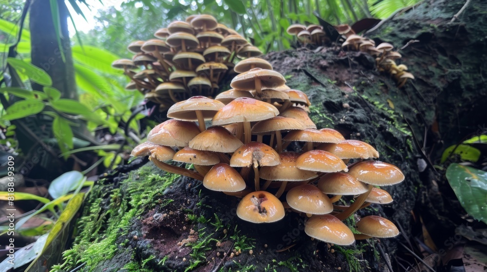 Poster cluster of wild mushrooms growing on the base of a tree trunk amidst lush greenery