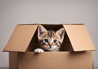 Kitten head peeking over a brown cardboard box. Pet adoption, shelter, rescue, and assistance for pets. Front view.