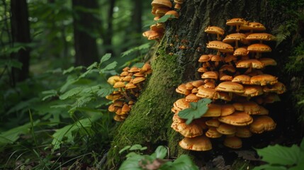 Cluster of wild mushrooms growing on the base of a tree trunk amidst lush greenery