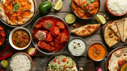 Colorful spread of various Indian curries and side dishes on a wooden table
