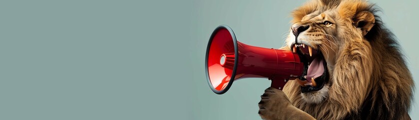 A funny lion uses a red megaphone to make an announcement isolate light blue  background.