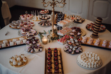 Table with assorted desserts and a lit candle.