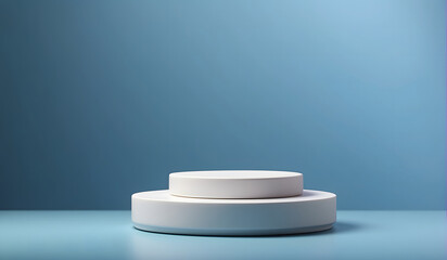 Empty round cylinder platform podium for product or cosmetics presentation on blue background with bokeh