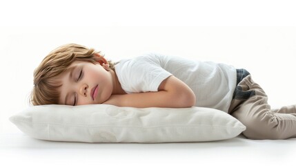 Boy child sleeping soundly on a white pillow, on white background