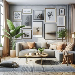 A living Room with a mockup poster empty white and with a couch and plan art attractive lively has illustrative.