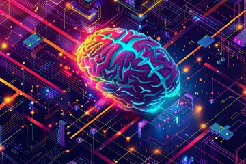 Neon Brain with Digital Circuitry. Generative AI.