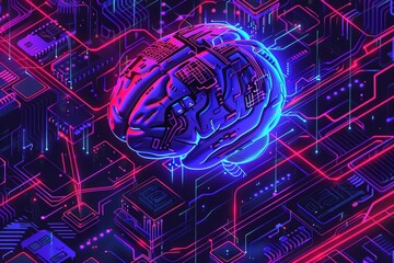 Cybernetic Brain with Neon Circuits. Generative AI.