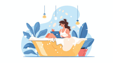 Smiling woman surfing internet during taking bath vec