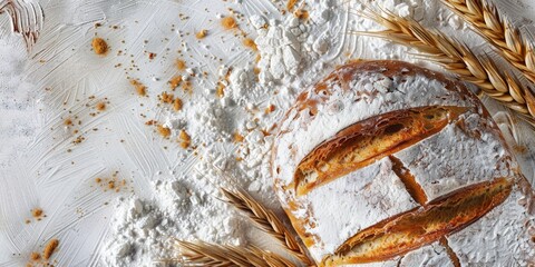 Bread bakery background top food view fresh white wheat loaf. Background food flour bakery top bread slice pastry brown breakfast