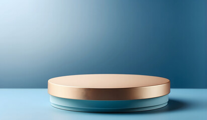 Empty round cylinder platform podium for product or cosmetics presentation on blue background with bokeh