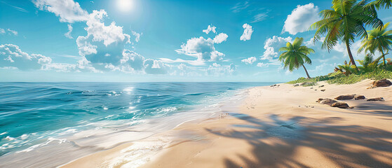 Pristine Beach with Waves Gently Lapping the Shore, Clear Blue Sky Overhead, Ideal for Summer Relaxation