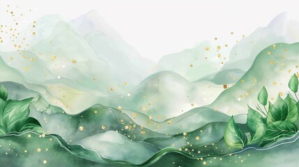 Tree leaves and gold pearls, abstract watercolor hand painting style