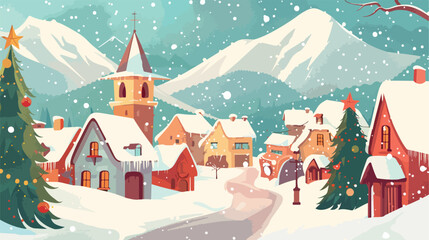 Snowy landscape with small mountain town. City street